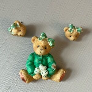Cherished Teddies St Patrick’s Day Irish bear shamrock pin & matching earrings
